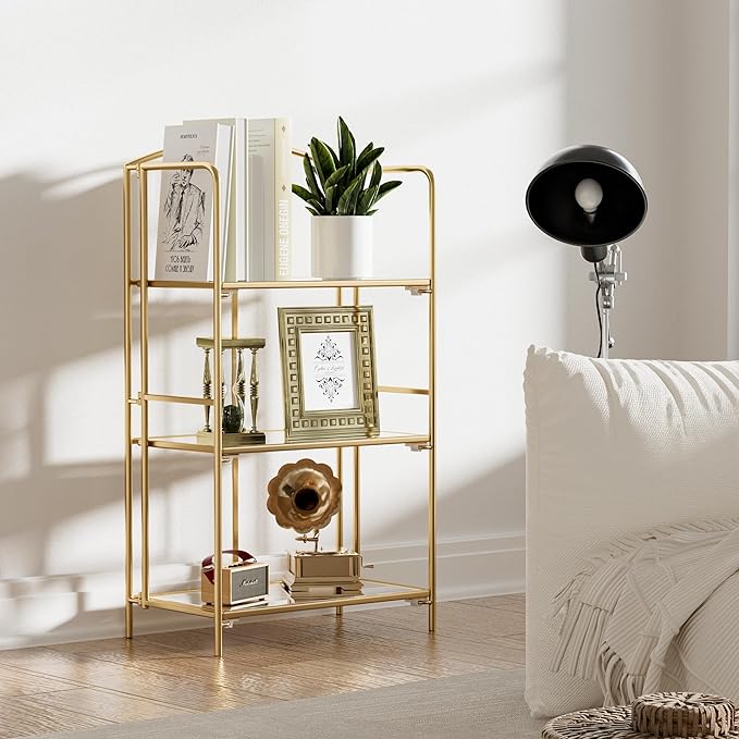 No Assembly Folding Bookshelf, 3 Tier Gold Bookshelf, Metal Book Shelf for Storage, Folding Bookcase for Office Organization and Storage, 12.6" D x 22.44" W x 42.13" H - LeafyLoom