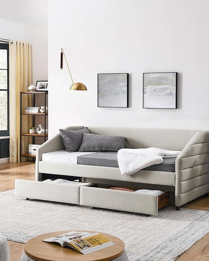 Linen Upholstered Twin Size Daybed with Two Storage Trundle Drawers, Solid Wood Tufted Sofa Bed Frame for Bedroom, Guest Room, Dorm, No Box Spring Needed, Space-Saving Design, Beige - LeafyLoom