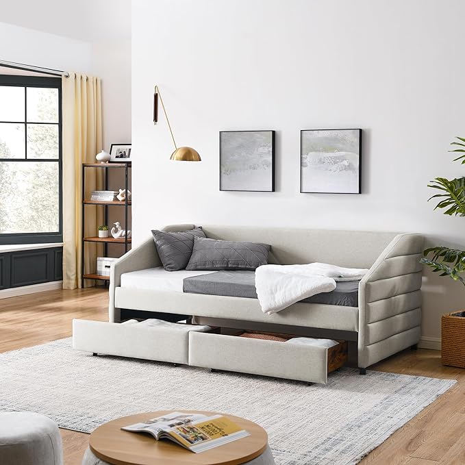 Linen Upholstered Twin Size Daybed with Two Storage Trundle Drawers, Solid Wood Tufted Sofa Bed Frame for Bedroom, Guest Room, Dorm, No Box Spring Needed, Space-Saving Design, Beige - LeafyLoom