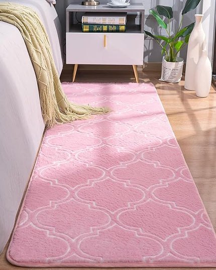 Chicrug Shag Geometric Modern Runner Rug for Bedroom, 2x6 Feet Memory Foam Indoor Hallway Runner Carpet, Fluffy Rug for Living Room Bedside Room Decor for Family, Pink/White - LeafyLoom