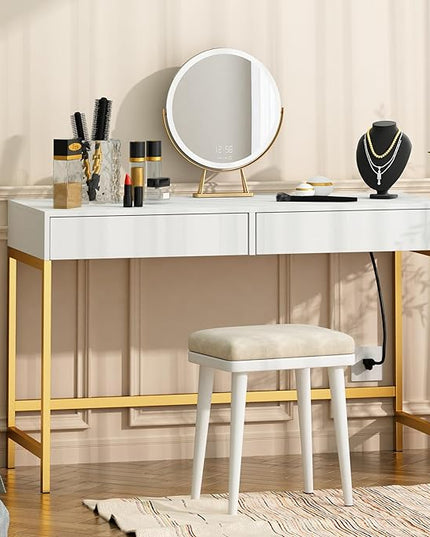 Treocho Computer Desk with USB Charging Ports and Power Outlets, Modern Simple 47 inch Vanity Desk with 2 Drawers, Makeup Table for Home Office, Bedroom, White and Gold - LeafyLoom