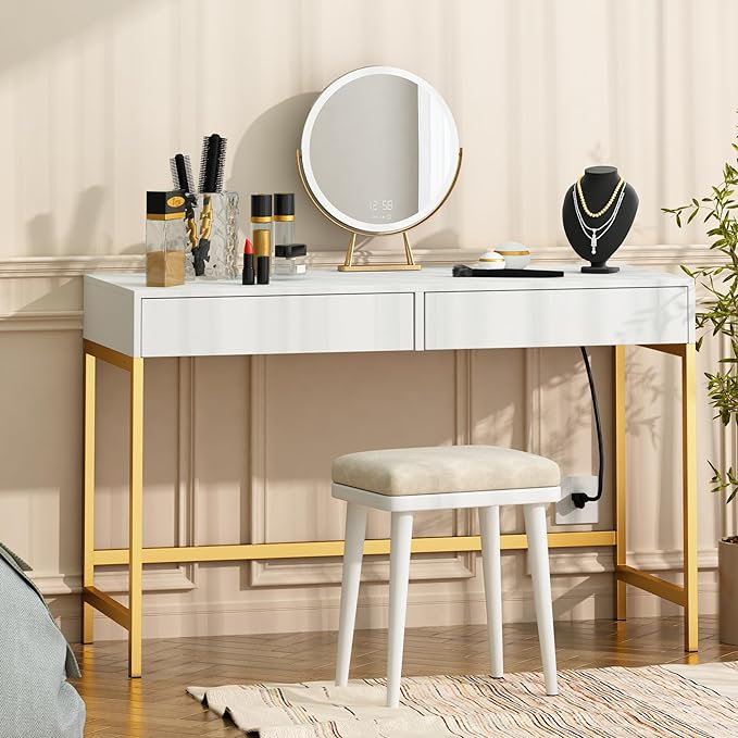 Treocho Computer Desk with USB Charging Ports and Power Outlets, Modern Simple 47 inch Vanity Desk with 2 Drawers, Makeup Table for Home Office, Bedroom, White and Gold - LeafyLoom