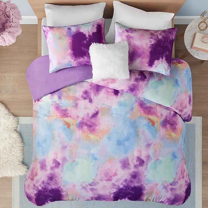 Intelligent Design Duvet Cover Queen Bedding Sets for Girls & Boys Watercolor Tie Dye Queen Duvet Cover Set Kids, Microfiber Queen Size Duvet Cover Set, Pillow Cassiopeia, Full/Queen Lavender 4 Piece - LeafyLoom