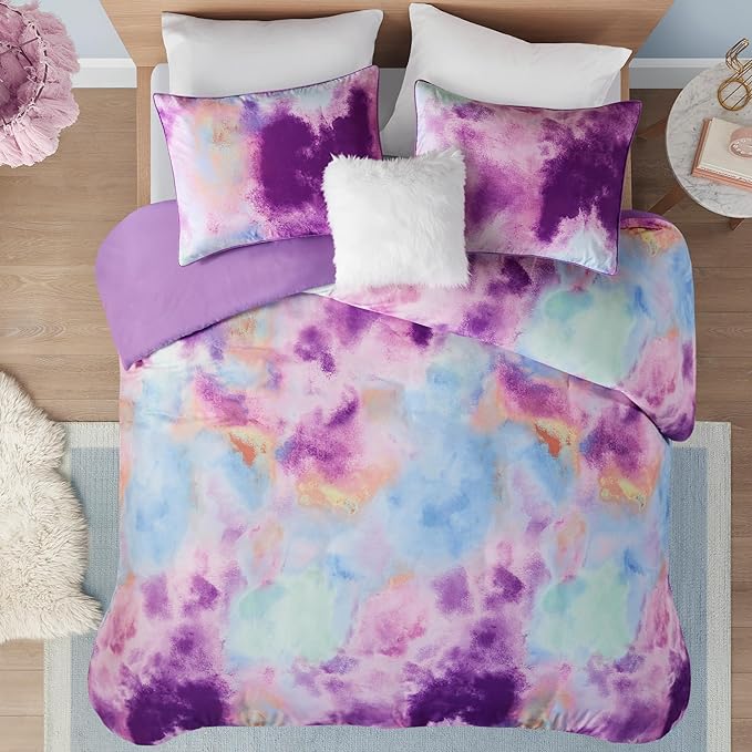 Intelligent Design Duvet Cover King Bedding Sets for Girls & Boys Watercolor Tie Dye King Duvet Cover Set Kids, Microfiber King Size Duvet Cover Set, Pillow Cassiopeia, King/Cal King Lavender 4 Piece - LeafyLoom