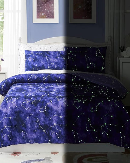 Comforter Set with Bedding - 5 Pieces Twin Bed in a Bag with Comforter, Sheets, Pillowcase & Sham - Glow in The Dark Galaxy - LeafyLoom