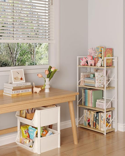 JSB No Assembly Folding Bookshelf, 4 Tier Industrial Metal Book Shelf for Storage, Vintage Wood foldable Bookcase for Living Room, Bedroom, Office Organization Shelves - LeafyLoom