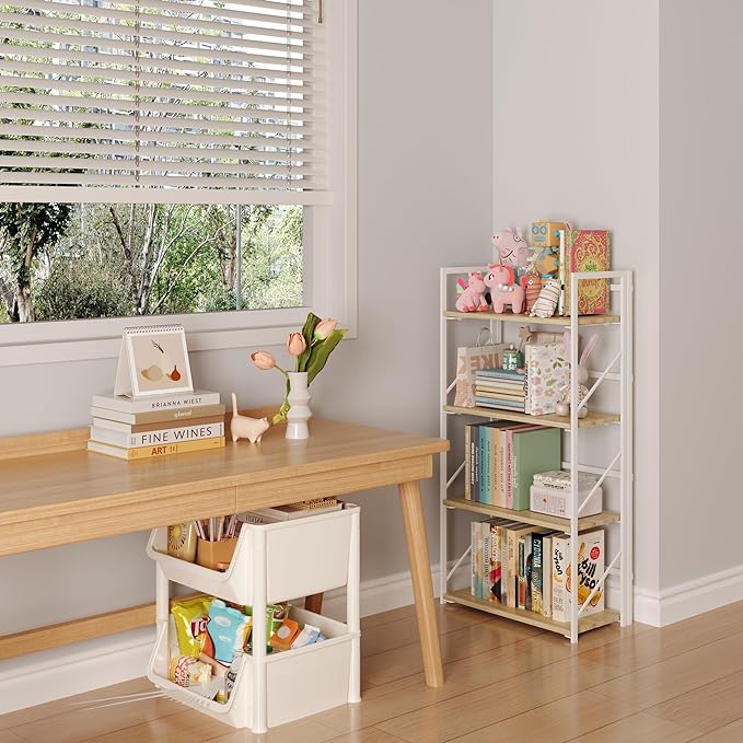 JSB No Assembly Folding Bookshelf, 4 Tier Industrial Metal Book Shelf for Storage, Vintage Wood foldable Bookcase for Living Room, Bedroom, Office Organization Shelves - LeafyLoom