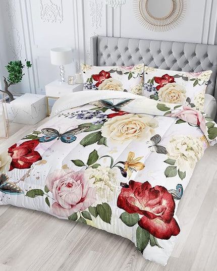Butterfly Comforter Set for Girls Kids Adults Watercolor Butterfly Rose Bedding Set Aesthetics Butterflies Quilt Duvet Set Full Size with 1 Comforter and 2 Pillowcases - LeafyLoom