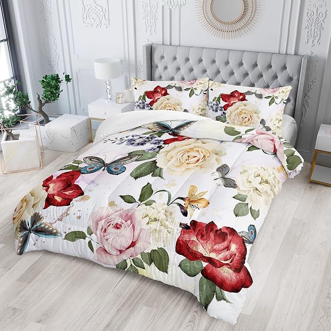 Butterfly Comforter Set for Girls Kids Adults Watercolor Butterfly Rose Bedding Set Aesthetics Butterflies Quilt Duvet Set Full Size with 1 Comforter and 2 Pillowcases - LeafyLoom