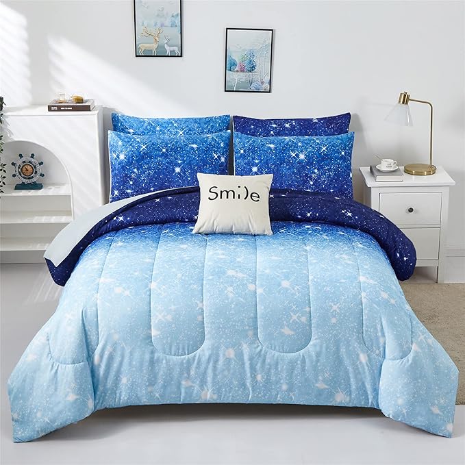 Blue Glitter Comforter Set Full/Queen Size for Boys Girls, Sparkle Galaxy Twinkle Starlight Kids Teen, 3 Piece Aqua Navy Ombre Bedding with 2 Pillow Cases(Blue,Queen), Queen(3-Piece) - LeafyLoom