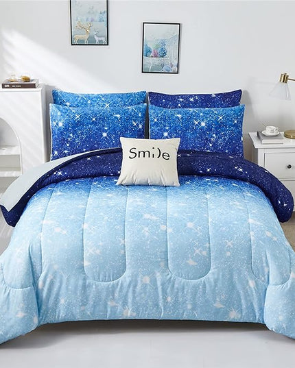 Blue Glitter Comforter Set Twin Size for Boys Girls, Sparkle Galaxy Twinkle Starlight Comforter for Kids Teen, 2 Piece Aqua Blue Navy Ombre Bedding Set with 1 Pillow Case(Blue,Twin) - LeafyLoom
