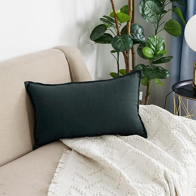 Jeanerlor Natural Cotton Linen Green Decorative 12"x20" Throw Pillow Case Cushion Cover with Twin Needles Stitch on Edge for Lumbar, (30 x 50cm), 2 Pcs, Dark Green - LeafyLoom