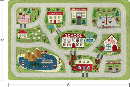 LIVEBOX Green Kids Rug for Playroom, 4'x6' Washable Road Rug for Boys Room, Non-Slip Soft Car Rug for Baby Nursery, Large Kids Floor Mats for Boys Girls Dorm Toy Room Tent - LeafyLoom