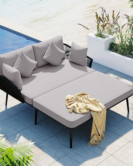 Patio Daybed Set for 2, Outdoor Furniture All-Weather Sofa Sunbed with Adjustable Iron Feet, Woven Nylon Rope Backrest, Washable Cushions and Pillows, for Balcony, Poolside, Gray - LeafyLoom