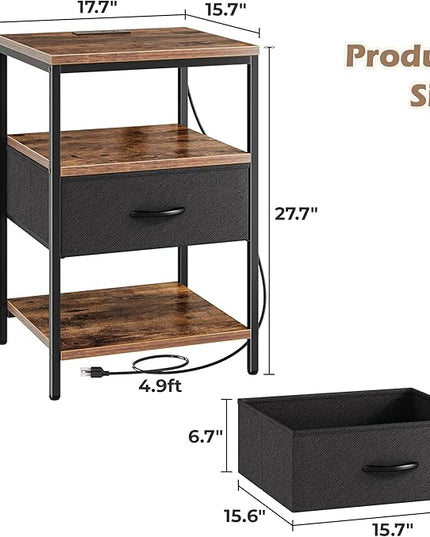 SUPERJARE Night Stand with Charger Station, 27.7 Inch Tall Nightstand with Adjustable Fabric Drawer, Bed Side Table, Fabric Drawer Dresser for Bedroom, Living Room, Rustic Brown and Black - LeafyLoom