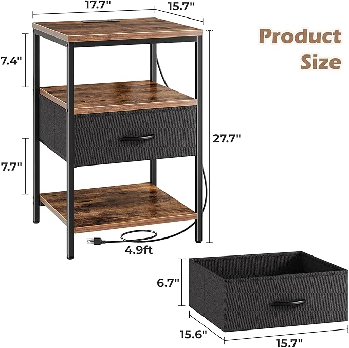 SUPERJARE Night Stand with Charger Station, 27.7 Inch Tall Nightstand with Adjustable Fabric Drawer, Bed Side Table, Fabric Drawer Dresser for Bedroom, Living Room, Rustic Brown and Black - LeafyLoom