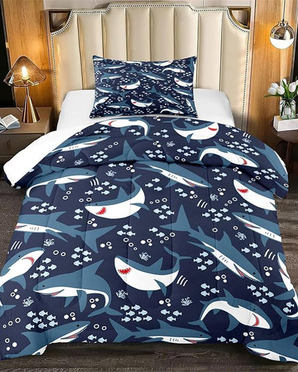 Shark Twin Comforter Set for Boys - 2Pcs Boys Sharks Bedding Set Twin Size Shark Print Comforter Set for Kids Boys Sea Animals Pattern Bedding Set for Bedroom, 1 Comforter with 1 Pillowcases - LeafyLoom