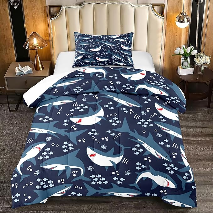 Shark Twin Comforter Set for Boys - 2Pcs Boys Sharks Bedding Set Twin Size Shark Print Comforter Set for Kids Boys Sea Animals Pattern Bedding Set for Bedroom, 1 Comforter with 1 Pillowcases - LeafyLoom