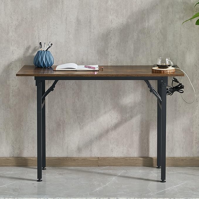 Frylr Foldable Desk 31.5'',Small Desks for Small Spaces with Power Outlet and USB Ports Charging Station,folding computer desk,Home Office Collapsible Desk,Stable Metal Frame,Rustic Brown - LeafyLoom