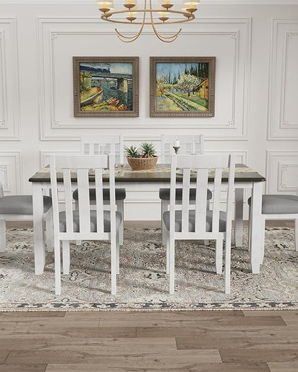 Dining Table Set for 6, 7-Piece Dining Table Set with Extendable Table and 6 Upholstered Chairs, Kitchen Table Set with Backrest for Dining Room, Living Room, Antique Brown+White - LeafyLoom