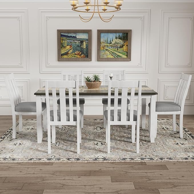 Dining Table Set for 6, 7-Piece Dining Table Set with Extendable Table and 6 Upholstered Chairs, Kitchen Table Set with Backrest for Dining Room, Living Room, Antique Brown+White - LeafyLoom