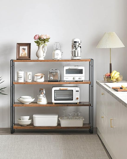 Bookshelf,4-Tier Industrial Bookcase,Rustic Wood and Metal Open Display Book Shelves Home Office,Bedroom Standing Shelf Unit,Horizontal Kitchen Shelf Organizer,Bathroom Storage Rack Mid Century 47in - LeafyLoom