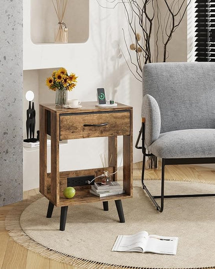 Nightstand with Charging Station and Fabric Drawer, Side Table with Storage for Bedroom, Night Stand with Open Wood Shelf for Bedroom, Bedside Tables - Rustic Brown - LeafyLoom