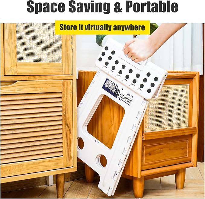 Delxo 17.5 Inch Folding Step Stool, Heavy Duty Foldable Stool for Adults,Premium Portable Collapsible Plastic Step Stool,Non Slip Folding Stools for Kitchen Bathroom Bedroom Up to 400LBS,(White 1PC) - LeafyLoom