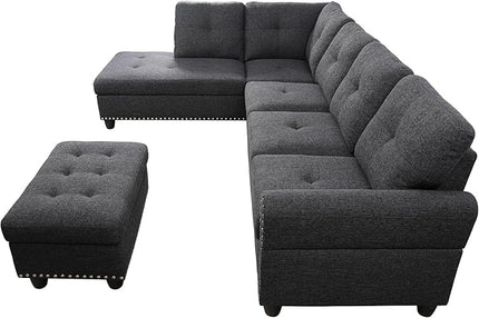 98" L-shaped Sectional Linen Sofa with Storage Ottoman,Upholstered Couch W/Hidden Cup Holder & 2 Toss Pillows,Nailhead Tufted Design,Corner Sleeper for LivingRoom Apartment Home,Charcoal Grey - LeafyLoom