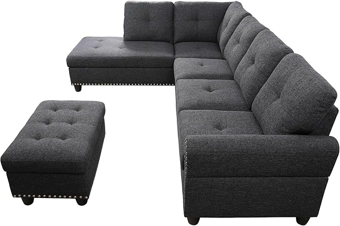 98" L-shaped Sectional Linen Sofa with Storage Ottoman,Upholstered Couch W/Hidden Cup Holder & 2 Toss Pillows,Nailhead Tufted Design,Corner Sleeper for LivingRoom Apartment Home,Charcoal Grey - LeafyLoom