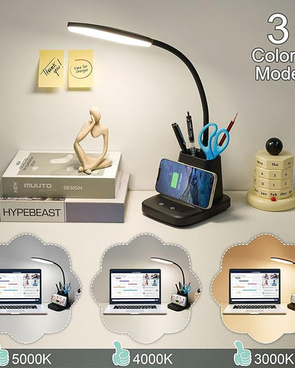 Sailstar Desk Lamp, LED Desk Lamps for Home Office, Wireless Charger Small Desk Lamp with Pen Holder, 3 Color Modes, Dimmable, CRI 85, 800 LM, Study Lamp for College Dorm Room, Adapter Included, Black - LeafyLoom