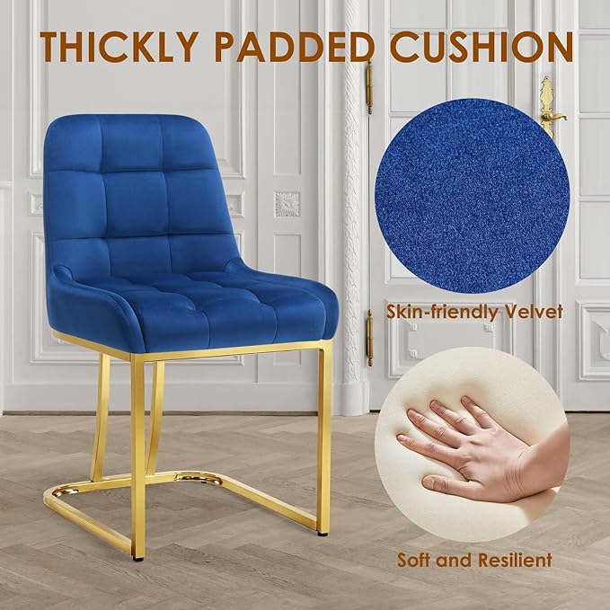 STARY Upholstered Velvet Armless Dining Room Chairs with Gold Metal Legs for Kitchen Restaurant, Blue- Set of 4 - LeafyLoom