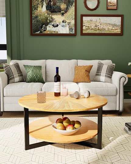 Round Coffee Tables for Living Room, 2 Tier Solid Wood Coffee Table with Storage, Modern Circle Coffee Table with Black Metal Legs, 33.5 x 17.8 inch, Natural Wood Color, KFZ-1338-OA - LeafyLoom