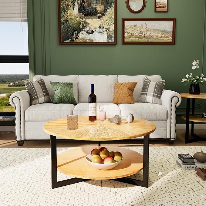 Round Coffee Tables for Living Room, 2 Tier Solid Wood Coffee Table with Storage, Modern Circle Coffee Table with Black Metal Legs, 33.5 x 17.8 inch, Natural Wood Color, KFZ-1338-OA - LeafyLoom