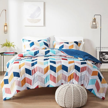 Comfort Spaces Kylar Cozy Comforter Set, Vibrant Chevron Ruching Design with Solid Reverse, All Season Down Alternative Bedding with Matching Sham, Twin/Twin XL (66 in x 90 in), Multi/Aqua 2 Piece - LeafyLoom