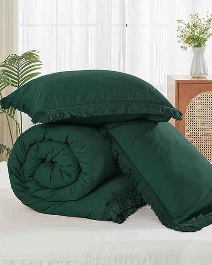 Litanika California King Comforter Set Emerald Green, 3 Pieces Cal King Forest Green Boho Tassel Bed Comforter, All Season Oversized Bedding Comforter Sets (1 Comforter 104x96 inch, 2 Pillowcases) - LeafyLoom