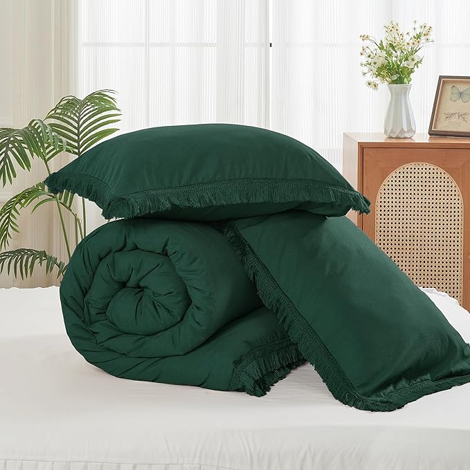 Litanika California King Comforter Set Emerald Green, 3 Pieces Cal King Forest Green Boho Tassel Bed Comforter, All Season Oversized Bedding Comforter Sets (1 Comforter 104x96 inch, 2 Pillowcases) - LeafyLoom