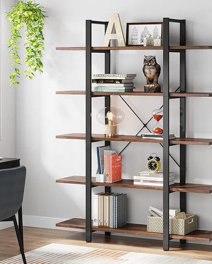 Tribesigns 5-Tier Bookshelf, Vintage Industrial Style Bookcase 72 H x 12 W x 47L Inches, Retro Brown - LeafyLoom