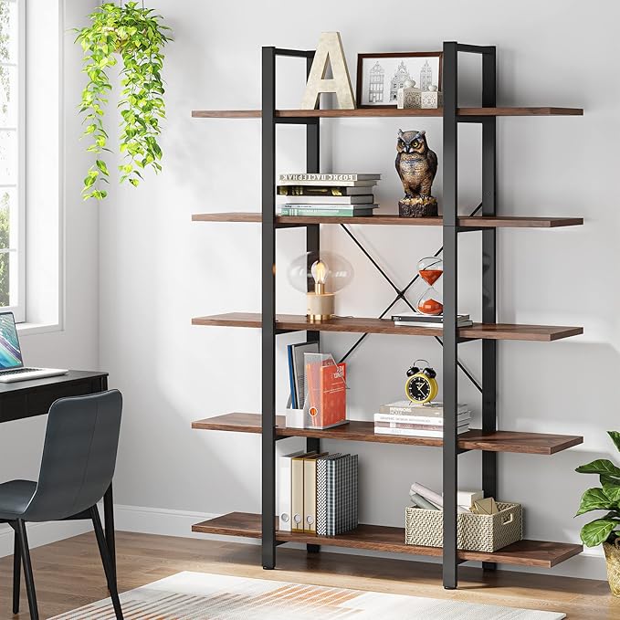 Tribesigns 5-Tier Bookshelf, Vintage Industrial Style Bookcase 72 H x 12 W x 47L Inches, Retro Brown - LeafyLoom