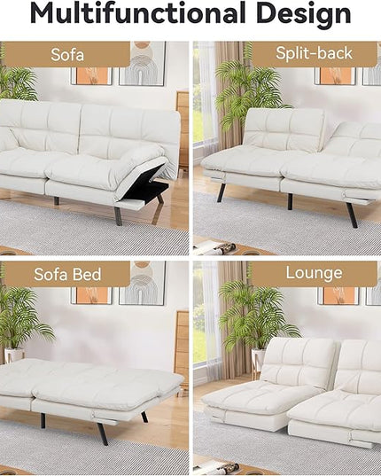 Memory Foam Faux Leather Futon Sofa Bed Couch,Convertible Futon Sofa Couch,Loveseat Sleeper Sofa Bed,Small Splitback Modern Sofa Bed for Living Room,Office,Apartment,White - LeafyLoom