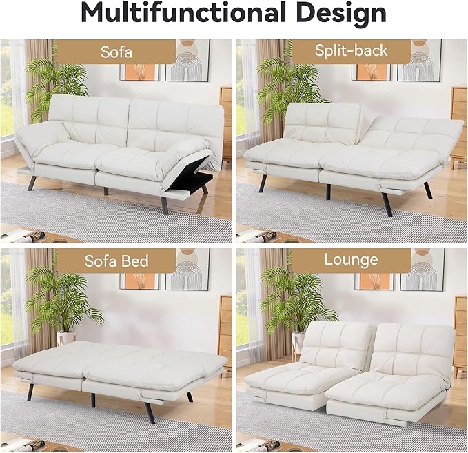 Memory Foam Faux Leather Futon Sofa Bed Couch,Convertible Futon Sofa Couch,Loveseat Sleeper Sofa Bed,Small Splitback Modern Sofa Bed for Living Room,Office,Apartment,White - LeafyLoom