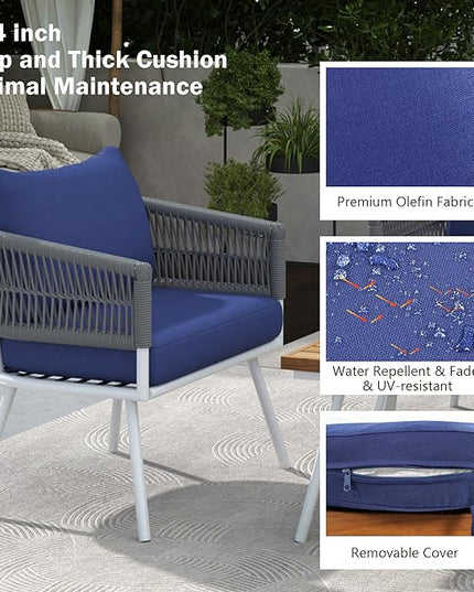 4-Piece Outdoor Patio Furniture Boho Rope Weave Set, Conversation Loveseat Sofa&Chairs with Acacia Wood Table and Thick Cushions, for Garden Backyard Balcony, Onesize, Navy Blue - LeafyLoom
