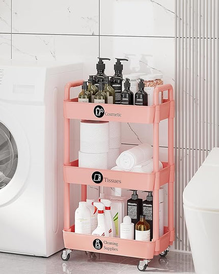 3-Tier Storage Cart,Multifunction Utility Rolling Cart Kitchen Storage Organizer,Mobile Shelving Unit Cart with Lockable Wheels for Bathroom,Laundry,with Classified Stickers,Pink - LeafyLoom