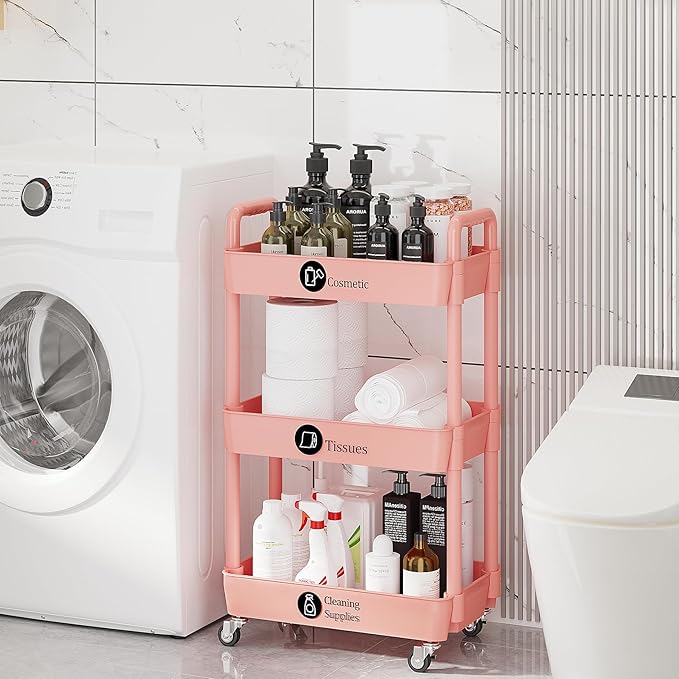 3-Tier Storage Cart,Multifunction Utility Rolling Cart Kitchen Storage Organizer,Mobile Shelving Unit Cart with Lockable Wheels for Bathroom,Laundry,with Classified Stickers,Pink - LeafyLoom