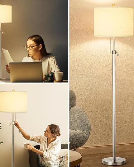 Brushed Nickel Floor Lamp for Living Room, Adjustable Height Standing Lamp with Metal Base, 3-Way Dimmable Tall Pole Light with White Linen Shade for Bedroom, Pull Chain Switch, 6W LED Bulb Included - LeafyLoom