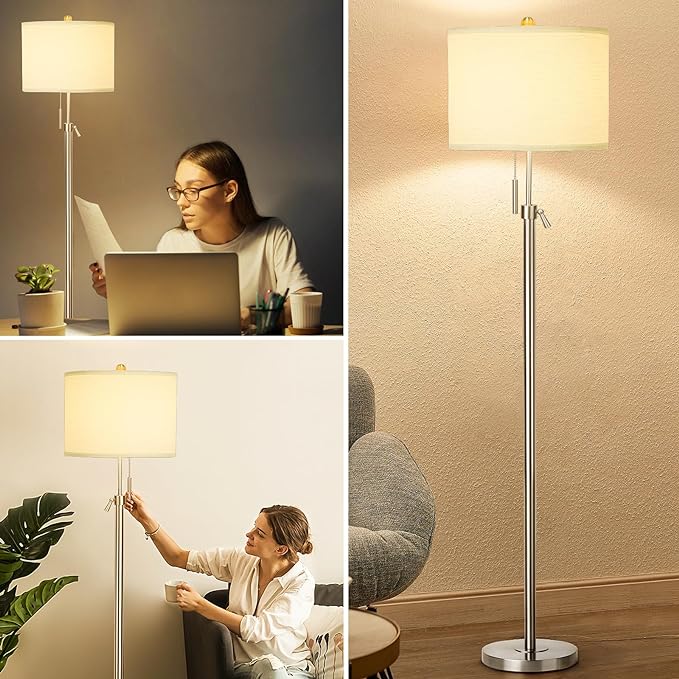 Brushed Nickel Floor Lamp for Living Room, Adjustable Height Standing Lamp with Metal Base, 3-Way Dimmable Tall Pole Light with White Linen Shade for Bedroom, Pull Chain Switch, 6W LED Bulb Included - LeafyLoom