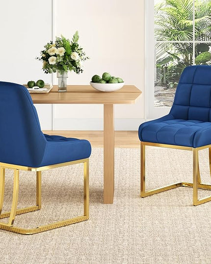 STARY Upholstered Velvet Armless Dining Room Chairs with Gold Metal Legs for Kitchen Restaurant, Blue- Set of 4 - LeafyLoom