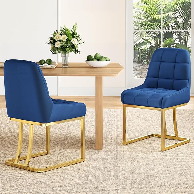 STARY Upholstered Velvet Armless Dining Room Chairs with Gold Metal Legs for Kitchen Restaurant, Blue- Set of 4 - LeafyLoom