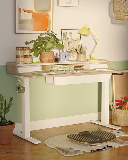 FEZIBO Standing Desk with Drawers, 48 x 25 Inch Adjustable Height Stand Up Desk with Storage Shelf, Home Office Desk with Monitor Stand, Light Walnut - LeafyLoom