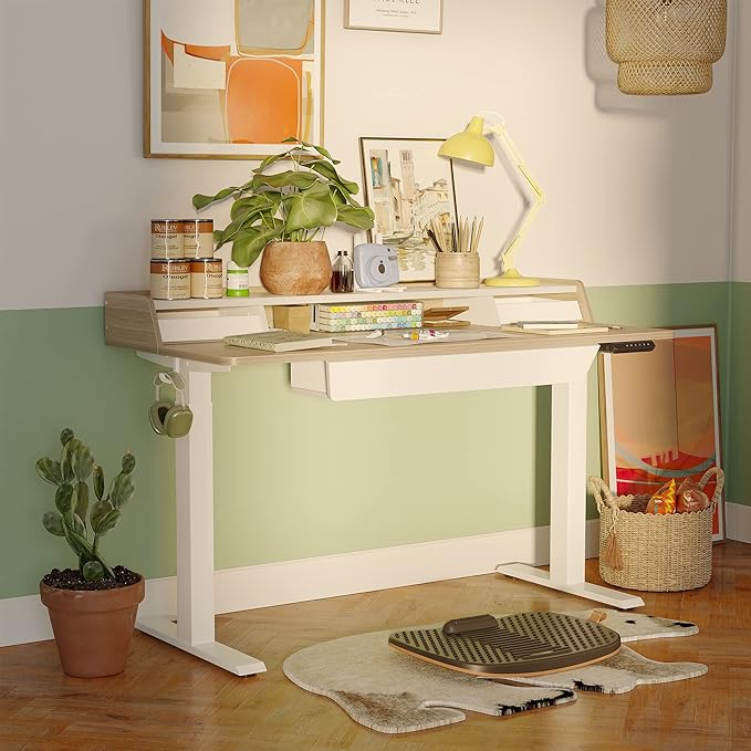 FEZIBO Standing Desk with Drawers, 48 x 25 Inch Adjustable Height Stand Up Desk with Storage Shelf, Home Office Desk with Monitor Stand, Light Walnut - LeafyLoom